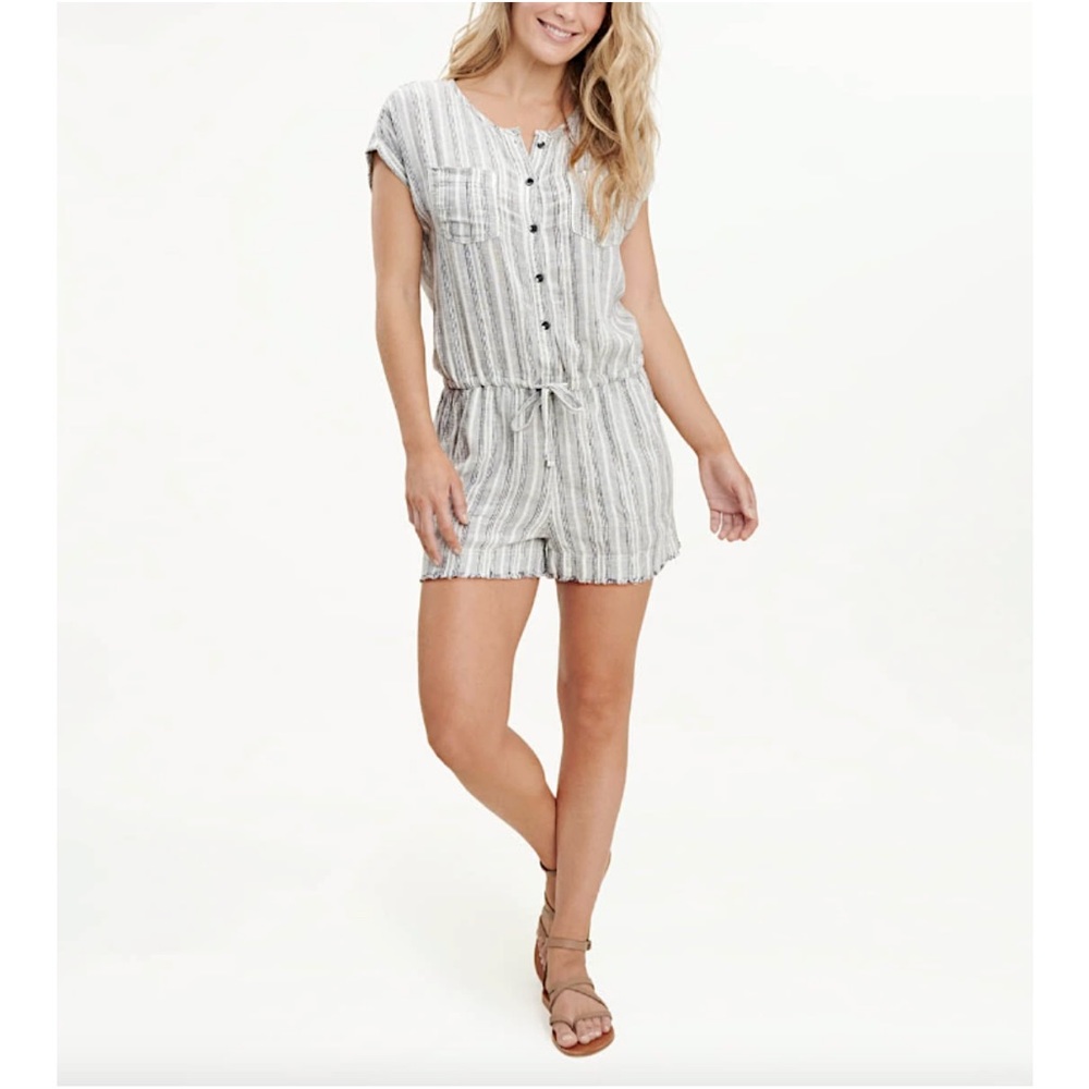 Splendid Bungalow White and Gray Striped Linen-Blend Romper